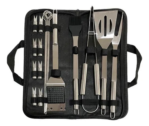 Set Parrillero 20 Piezas De Acero Inoxidable + Bolso Norplat Plateado
