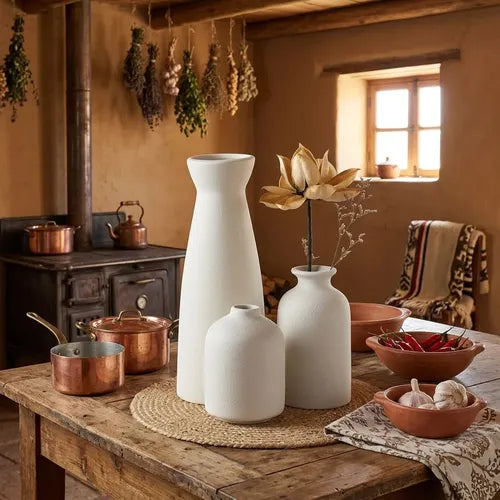 3 Floreros Norplat - Jarron Cerámica Decorativos Para Mesa Blanco Lisa