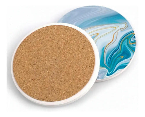 6 Posavasos Cerámica Corcho Con Soporte Para Mesa - Norplat Mármol Azul Turquesa