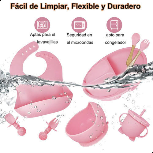 Set Alimentación Bebe Silicona 8 Piezas Bpa Free - Norplat Rosa