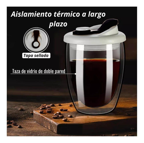 Taza Cafe Doble Vidrio Te Vaso Mug Tapa Antiderrame Norplat Negro Liso