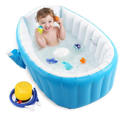 Tina Baño Bebe Portatil Bañera Plegable + Inflador - Norplat Azul Lisa