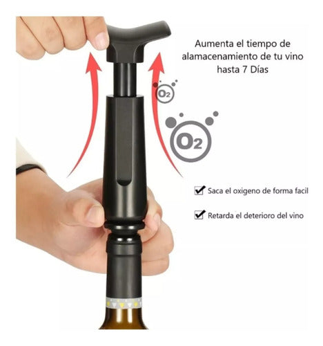 Vino Botella Bomba De Vacio 4 Tapones Extractor Aire - Cukin Negro