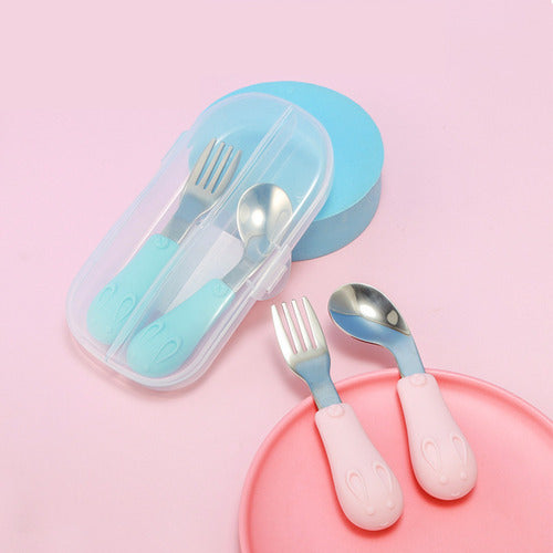 Set De Cubiertos Niño Niña Bebe Cuchara Tenedor Con Estuche Rosa