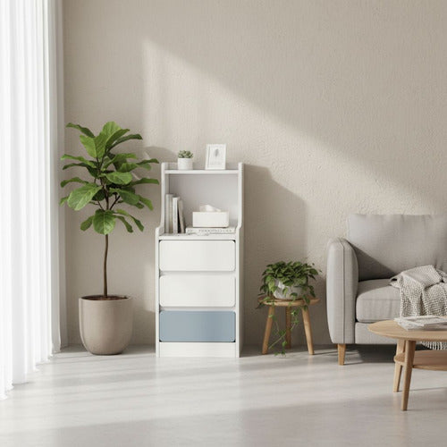 Velador Angosto Alto De Madera 3 Cajones 25*34*87cm Norplat Mate Blanco