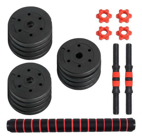 Set Norplat 2 Mancuernas + Barra + 20kg Discos Pesas Rojo Negro