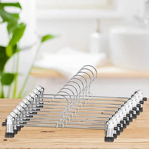 Pack 10 Colgadores Ganchos Metalicos Con Pinza Para Pantalon Plateado
