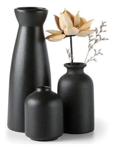 3 Floreros Norplat - Jarron Cerámica Decorativos Para Mesa Negro Lisa