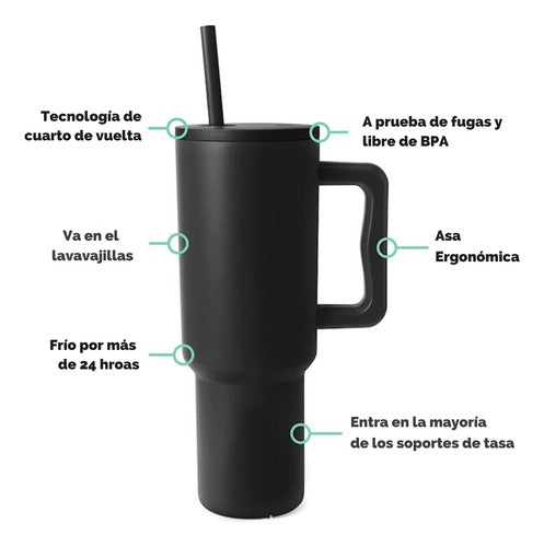 Norplat Tumbler 1180ml Vaso Térmico 40oz 1180ml Con Bombilla Negro Lisa