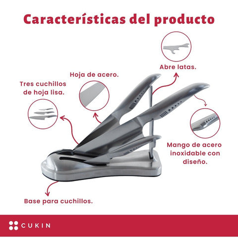 Set 3 Cuchillos Con Bloque - Cukin Plateado