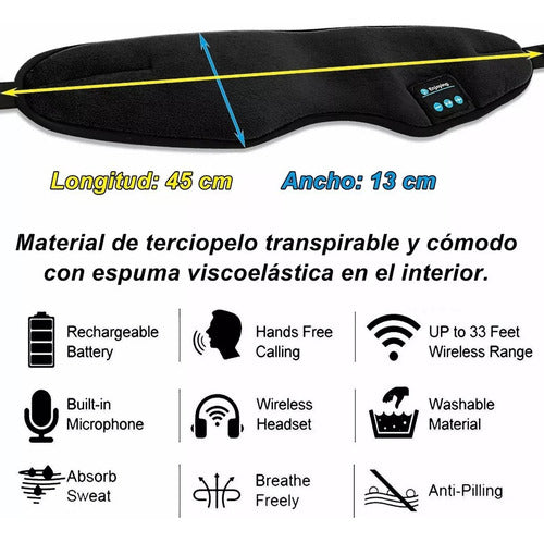 Antifaz Audífonos Bluetooth Inalámbricos Para Dormir Estéreo Negro Liso