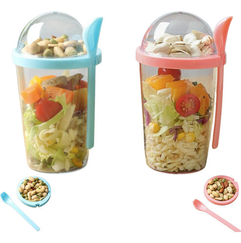 Norplat Set 2 Vasos Yogurt Cereal 400ml Tapa Cuchara Pote Multicolor