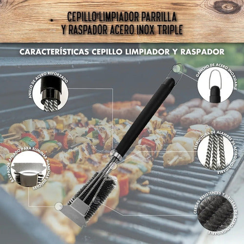 Escobilla Cepillo Limpieza Para Parrillas 3 En 1 - Con Mango