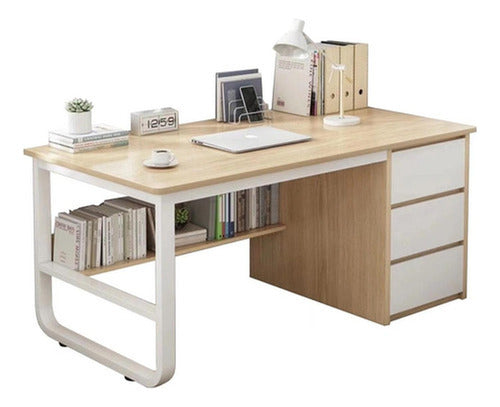 Escritorio Oficina Melamina Metal 3 Cajones 100x50cm Norplat Madera Y Blanco