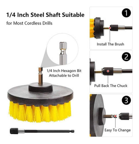 Set 4 Cepillos Limpieza Con Taladro Auto Hogar Tapiz Norplat Amarillo