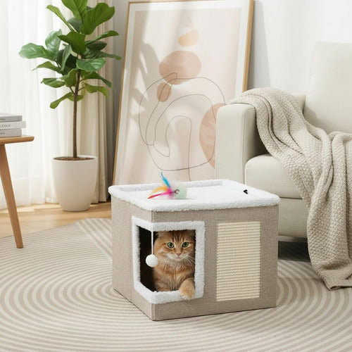 Casa Cama Iglu Gato Plegable + 2 Cojines Y Pompon - Norplat Gris Claro / Crema Iglú