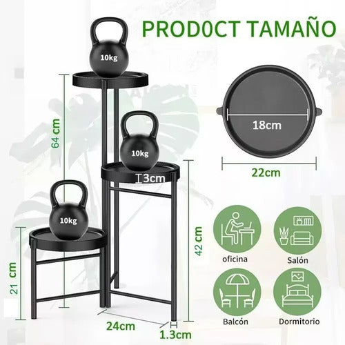 Pedestal Para 3 Plantas / Porta Maceteros Metalico - Norplat Negro Lisa