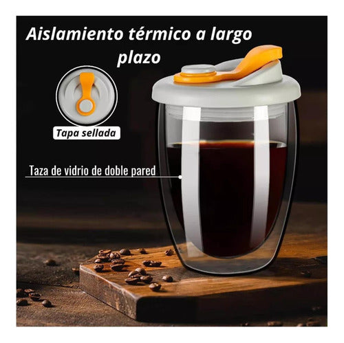 Taza Cafe Doble Vidrio Te Vaso Mug Tapa Antiderrame Norplat Naranja Liso