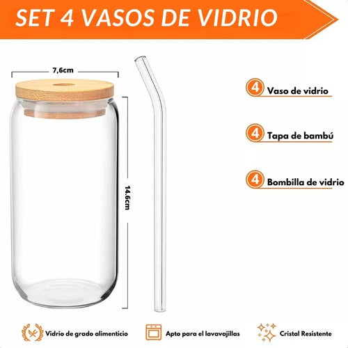 Set 4 Vasos De Vidrio Con Tapa Bambú Para Bebidas Cocteles