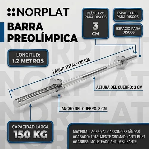 Barra Recta Norplat Preolimpica 120cm 4.2 Kg Fitness Cromada Plateado