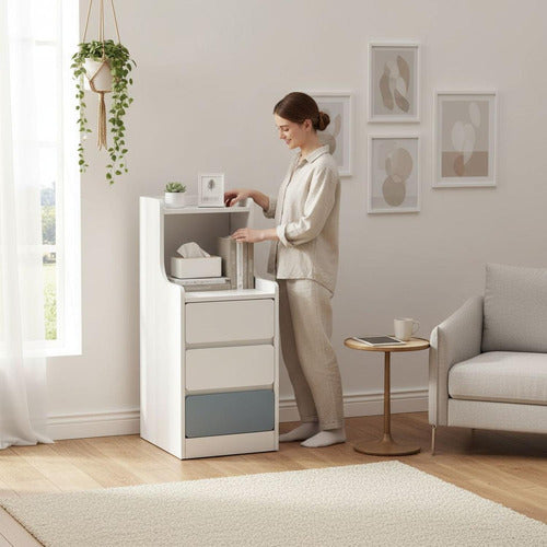 Velador Angosto Alto De Madera 3 Cajones 25*34*87cm Norplat Mate Blanco