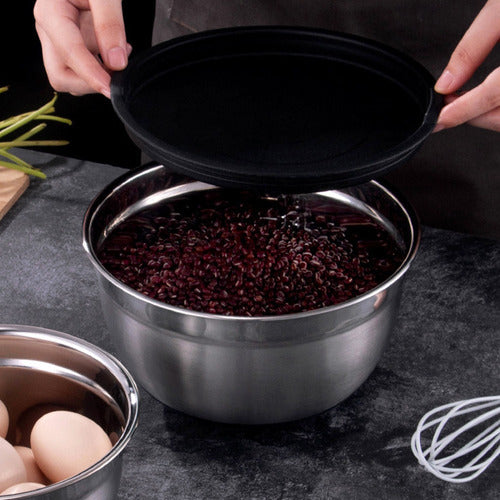 Set 3 Bowls Con Tapa Acero Inoxidable Antideslizante Norplat Negro
