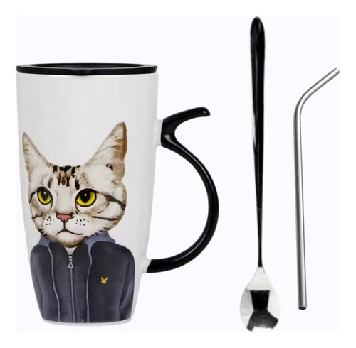 Taza Tazón Grande Gato 650ml Tapa Cuchara Bombilla - Norplat 02 - Blanco