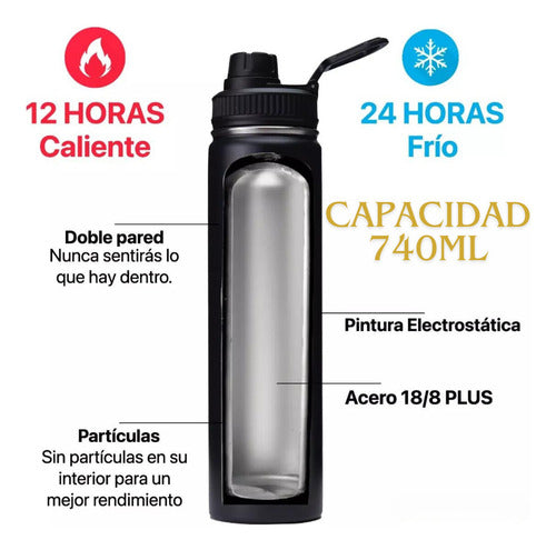 Termo Botella Agua Termica Acero Inoxidable 740ml + 3 Tapas Negro