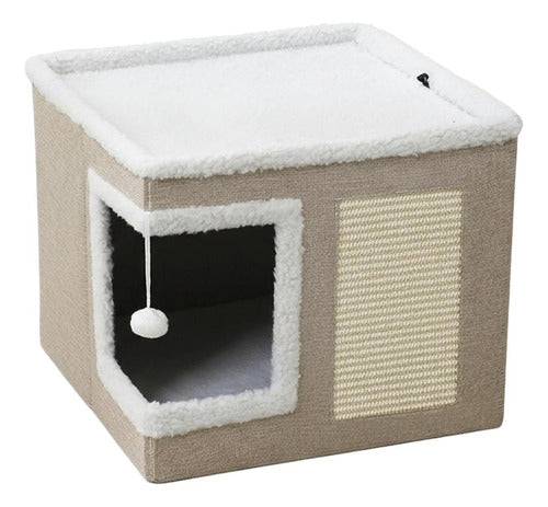 Casa Cama Iglu Gato Plegable + 2 Cojines Y Pompon - Norplat Gris Claro / Crema Iglú