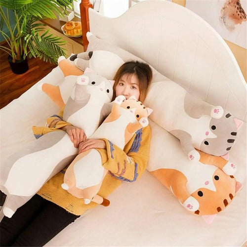 Peluche Almohada Gatito Largo 70cm Grande - Norplat Marrón Claro