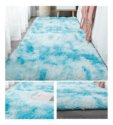 Alfombra Bajada De Cama Peluda 160x60cm 3cm Suave - Norplat Celeste Jaspeado Liso