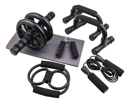 Set Deportivo 7 En 1 Rodillo Rueda Abdominal Cuerda Norplat Negro