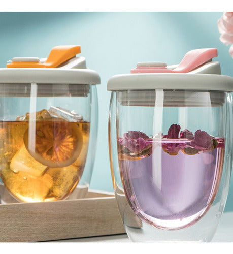 Taza Cafe Doble Vidrio Te Vaso Mug Tapa Antiderrame Norplat Naranja Liso