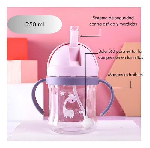 Vaso Antiderrame Norplat Para Bebe Con Bombilla 250ml 360° Rosa Jirafa