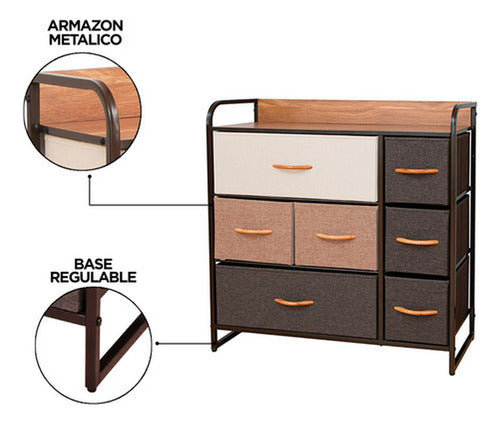 Cajonera Comoda Norplat 7 Cajones Marco Metálico Tapa Madera Marrón Claro