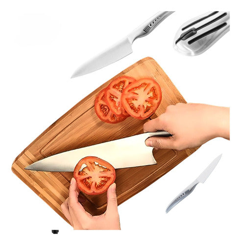 Set 3 Cuchillos Con Bloque - Cukin Plateado