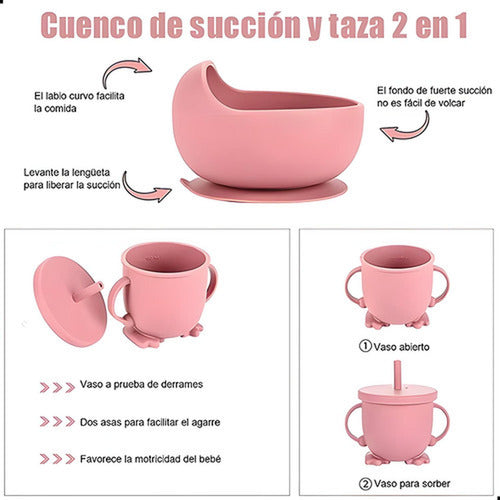 Set Alimentación Bebe Silicona 8 Piezas Bpa Free - Norplat Rosa