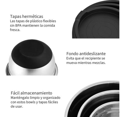 Set 3 Bowls Con Tapa Acero Inoxidable Antideslizante Norplat Negro