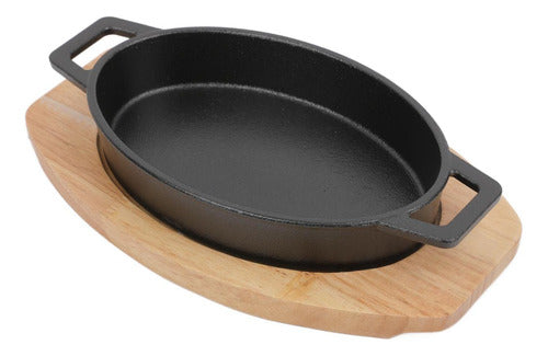 Sartén Cacerola Norplat Hierro Fundido Ovalado + Base Madera Negro