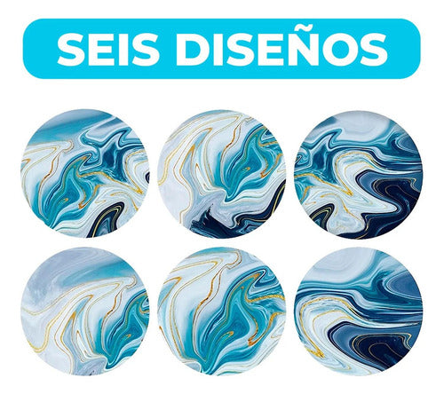 6 Posavasos Cerámica Corcho Con Soporte Para Mesa - Norplat Mármol Azul Turquesa