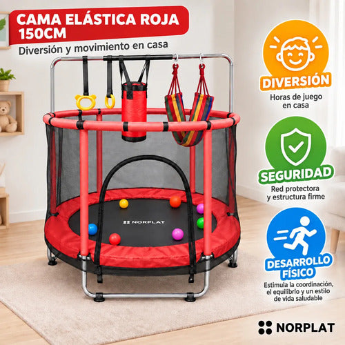 Cama Elástica 1.5mt Saltarina Trampolin Para Niños Norplat Negro Rojo