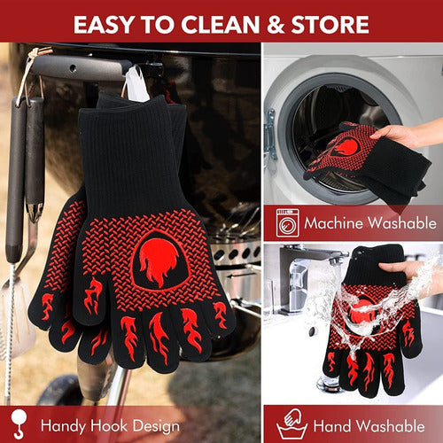 Set 2 Guantes Asado Alta Temperatura Parrillero Cocina Cukin Rojo Rayas