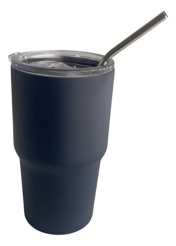 Vaso Mug Termico Cukin 600ml Acero Inox 2 Tapas Y Bombilla Azul Oscuro Liso