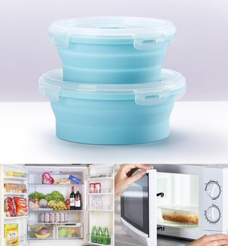 Contenedores Silicona Plegables X2 Tapa Alimentos Microondas Celeste