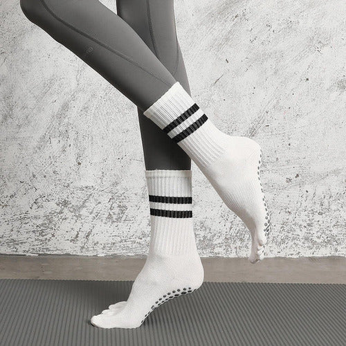 Calcetines Térmicos Con Dedos Antideslizantes Yoga - Norplat Blanco Rayas 35-40