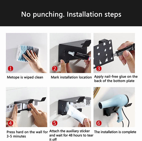 Soporte Secador De Pelo Metálico Adhesivo O Tornillo Norplat Negro