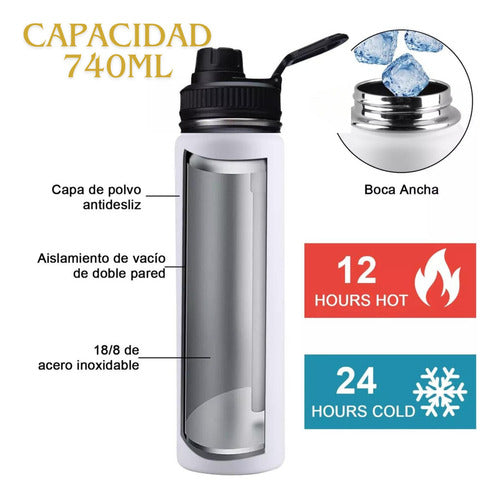 Termo Botella Agua Termica Acero Inoxidable 740ml + 3 Tapas Blanco