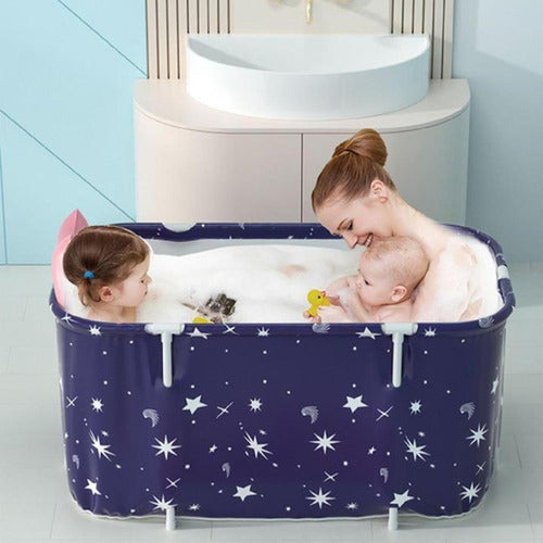 Bañera Plegable Portátil Adultos Y Niños 120×55cm - Norplat Azul Oscuro Estrellada