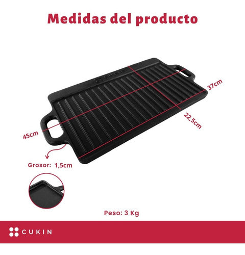 Plancha Churrasquera De Hierro Fundido 2 En 1 - 45x22x1.5cm Negro