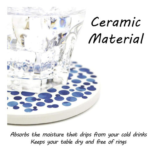 6 Posavasos Cerámica Corcho Con Soporte Para Mesa - Norplat Azul Hojas